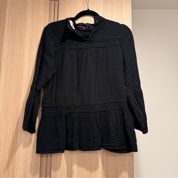 Zara Women Black Bohemian Blouse Lace Detail - L - Picture 2 of 7